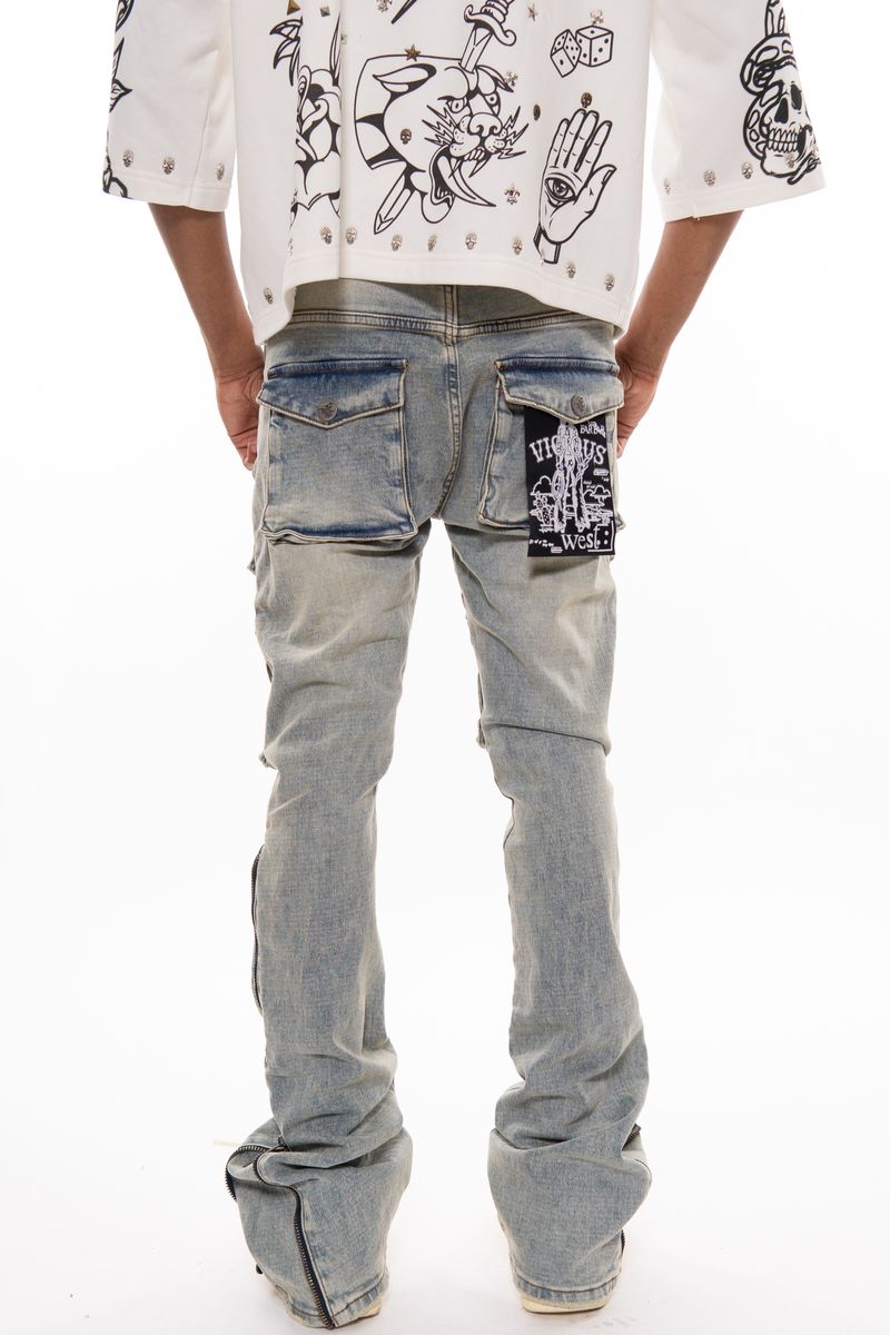 VICIOUS JEANS MULTI CARGO SIDE ZIPPER FLARE DENIM
