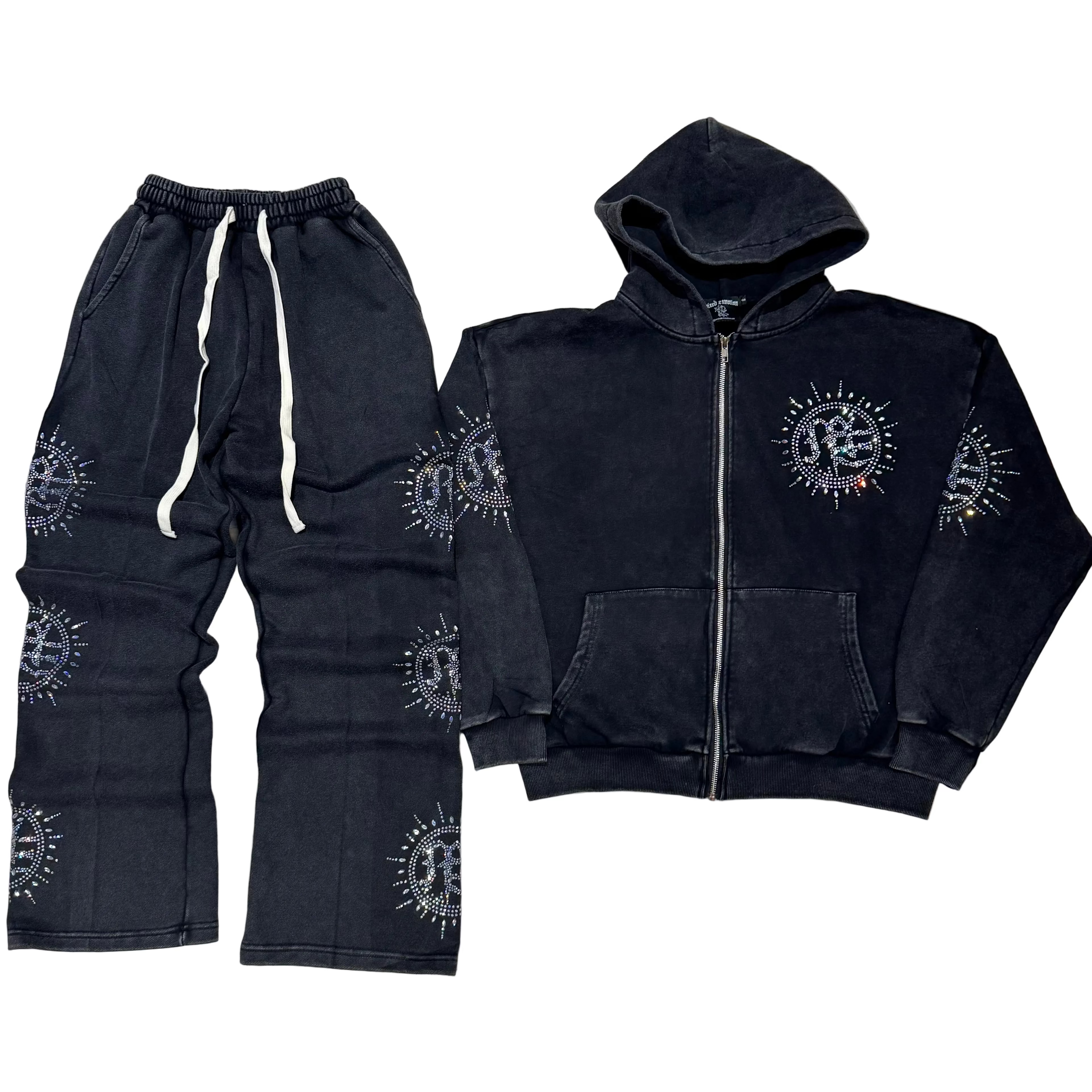 MIXED EMOTION Eclipse’ Grey Acid Wash Rhinestone SWEATSUIT