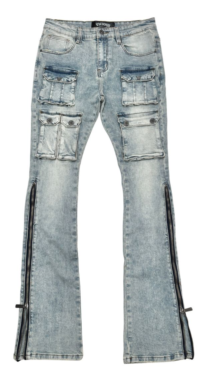 VICIOUS JEANS MULTI CARGO SIDE ZIPPER FLARE DENIM