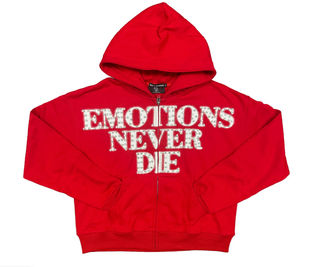Mixed Emotion Red ‘End’ Rhinestone hoodie