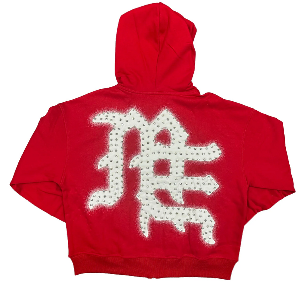 Mixed Emotion Red ‘End’ Rhinestone hoodie