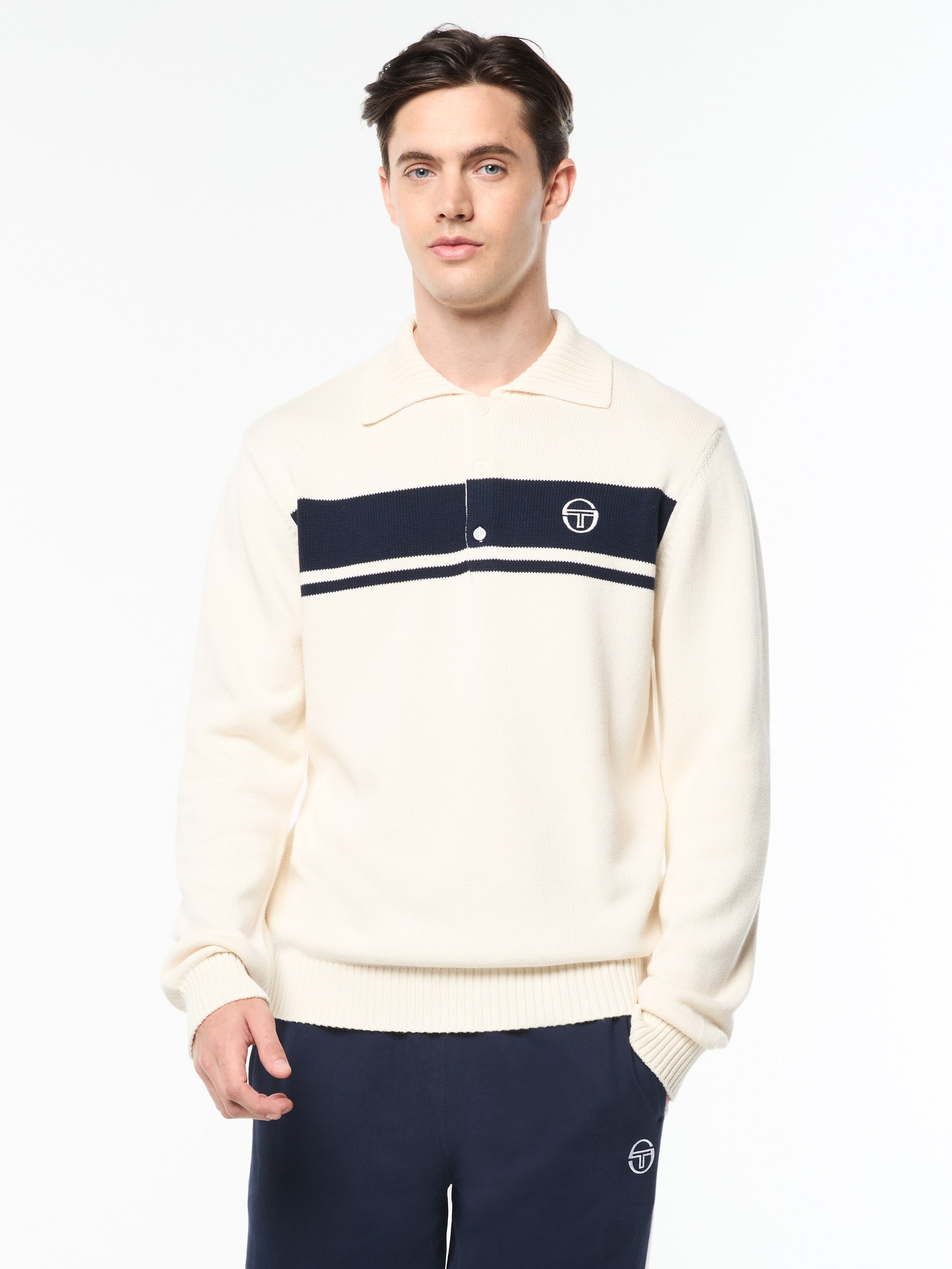 Sergio Tacchini Damarindo Long Sleeve Knit Polo- Gardenia/ Maritime Blue