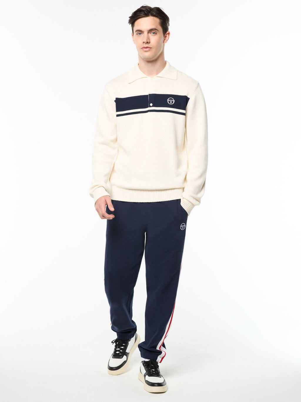 Sergio Tacchini Damarindo Long Sleeve Knit Polo- Gardenia/ Maritime Blue
