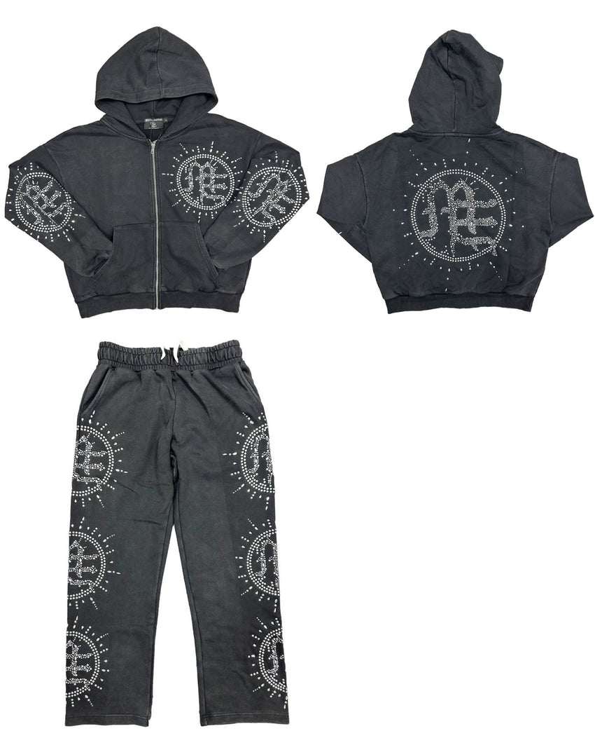 MIXED EMOTION Eclipse’ Grey Acid Wash Rhinestone SWEATSUIT
